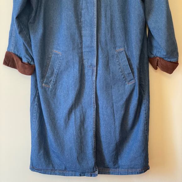 70s Vintage XXL long sleeve trench coat blue denim corduroy brown button down - Picture 3 of 7